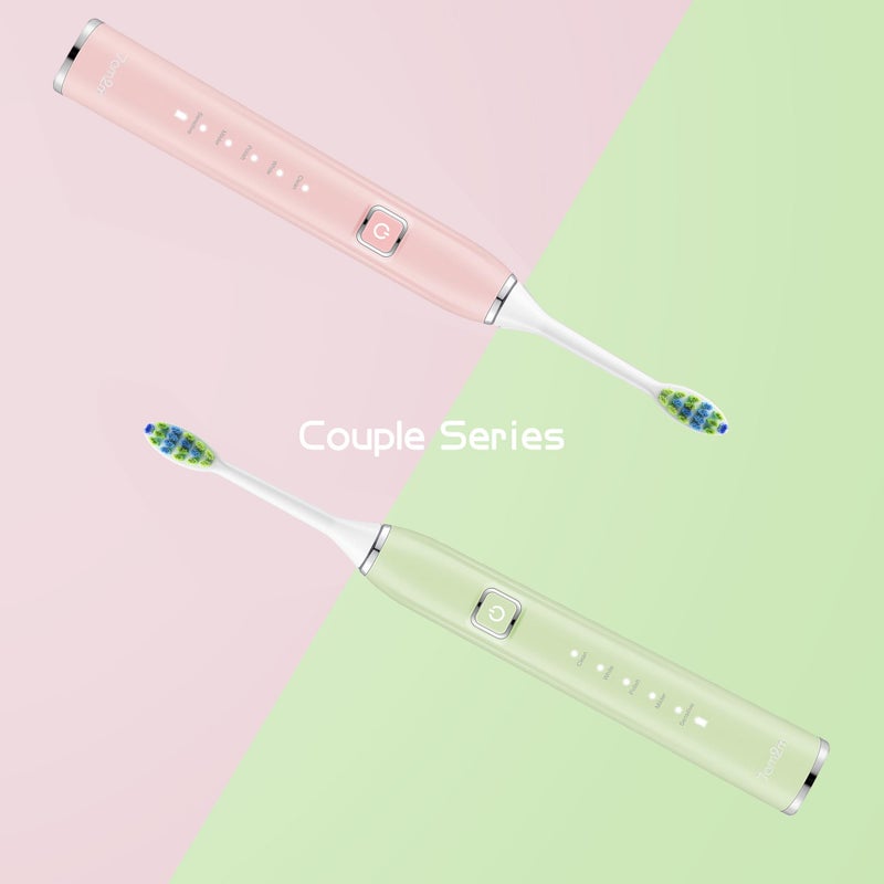 7AM2M Electric Toothbrush 2 Pack Set for Kids and Adults, 12 Brush Heads,5 Adjustable Modes, Built-in 2-Minute Smart Timer, Wireless Fast Charge for 60 Days,IPX7Waterproof SonicToothbrush(Green+Pink) - Image 4